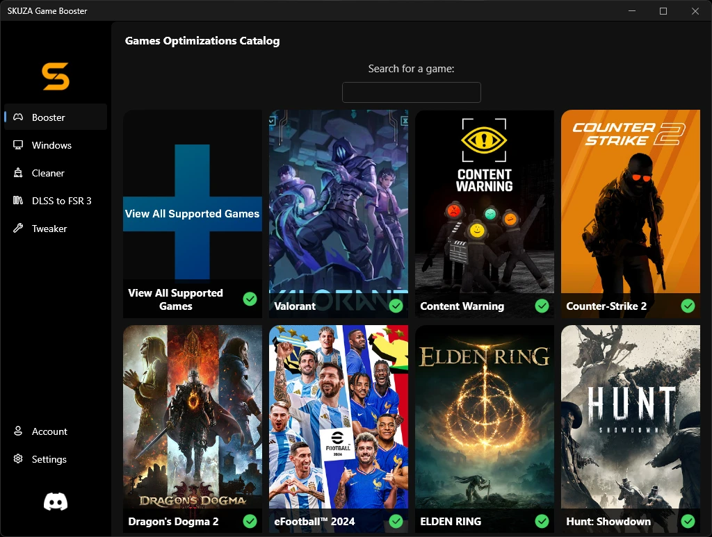 SKUZA Game Booster Dashboard